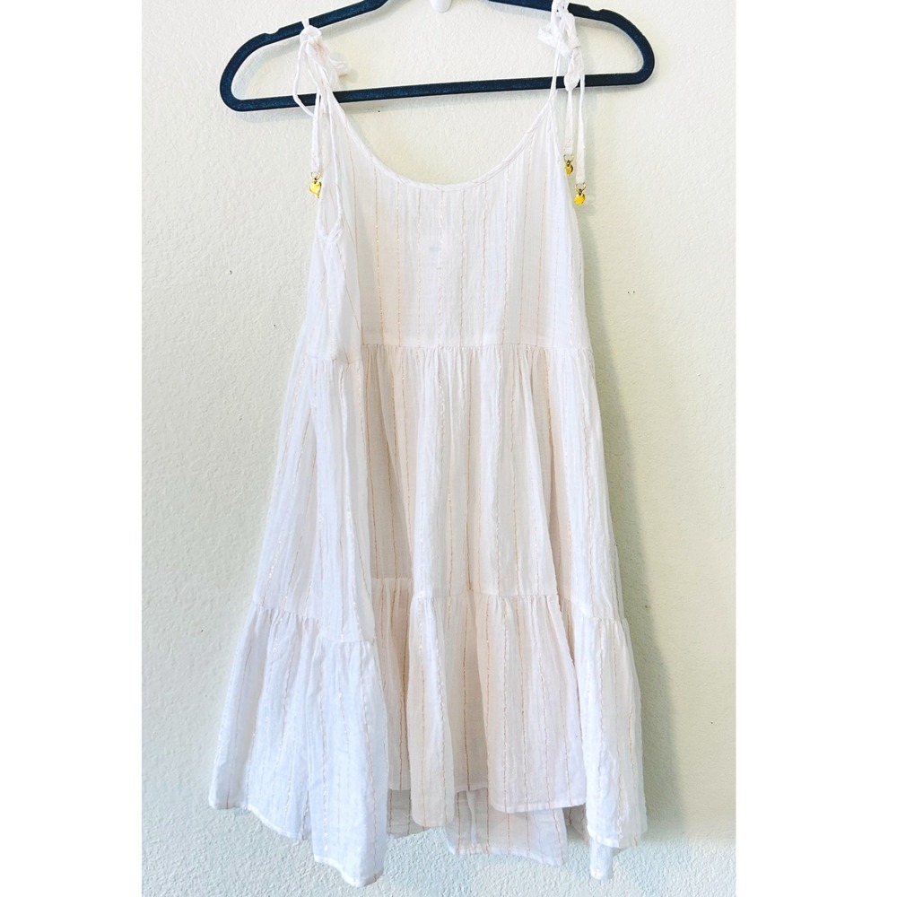 Aerie Boho Beach White Gold Metallic Pinstripe Tiered Mini Dress Tie SZ M